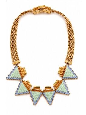 MAWI London Gold Tone Blue Aqua Crystal Geometric Bib Necklace New! Swarovski